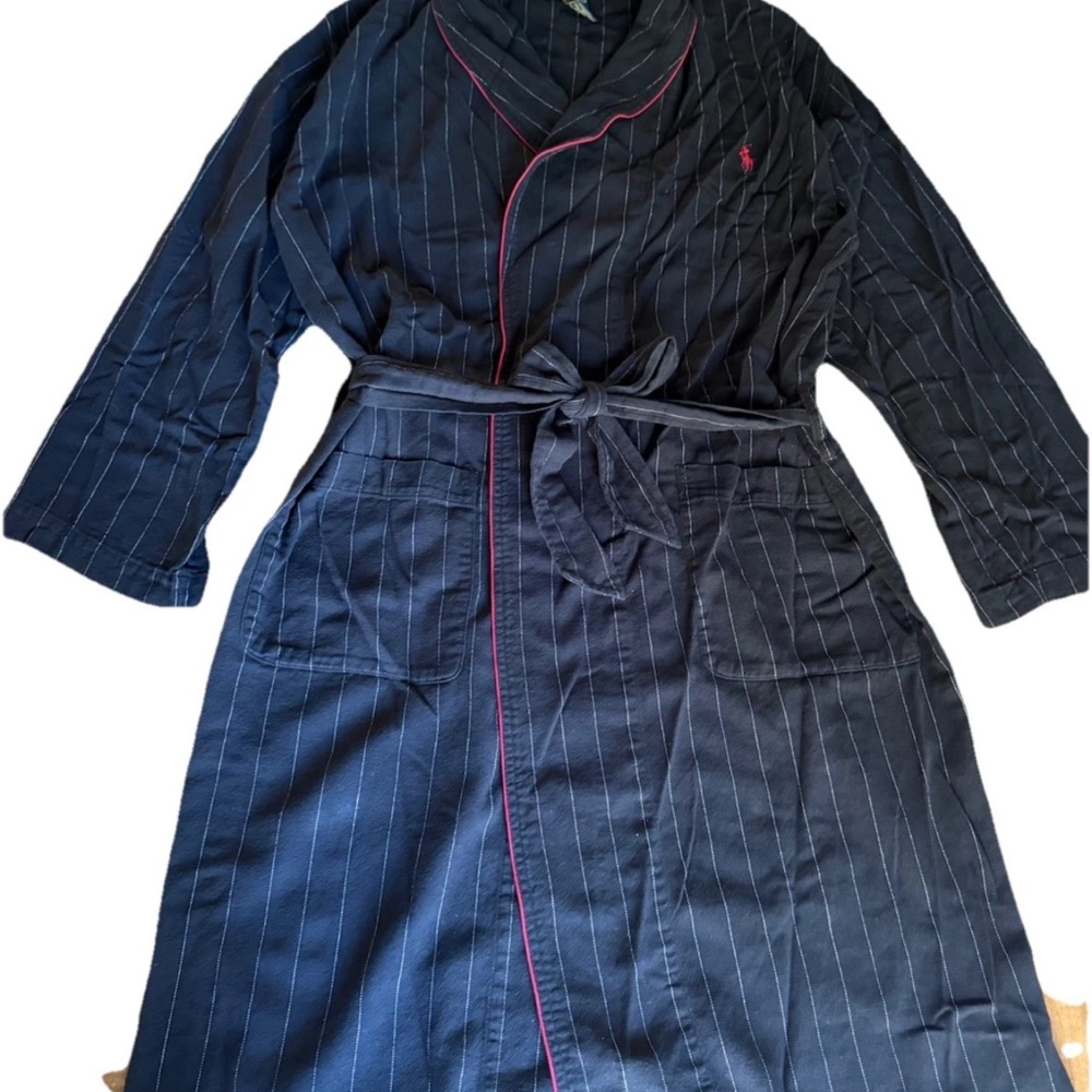 Polo Ralph Lauren Robe Men’s Size S/M Black Pinstripe Red Trim Cotton Vintage